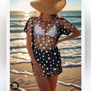 Black and White Polka Dot Mesh Swim Coverup